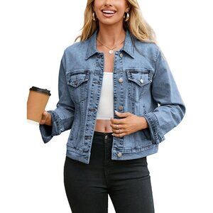 Women's Jean Jacket Long Sleeve Denim Jackets Button Down with Pockets Blue